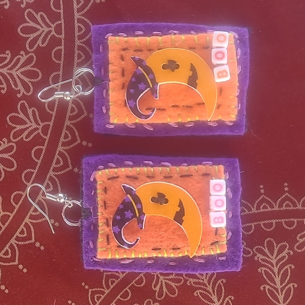 Halloween Artist Made Earrings - Orange and Purple Felt Beads Buttons 3 Pair $15